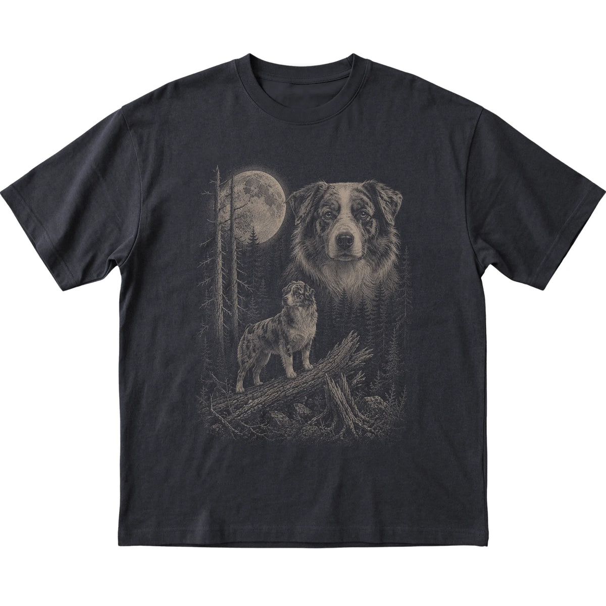 Australian Shepherd Moonlit Forest graphic on a black Softstyle T-shirt laid flat