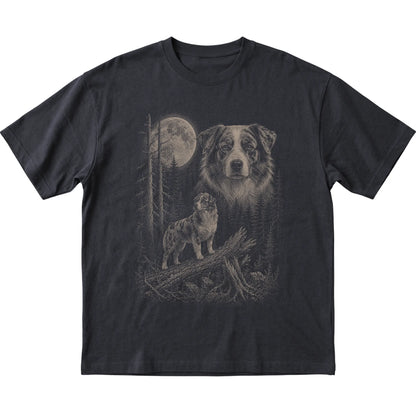 Australian Shepherd Moonlit Forest graphic on a black Softstyle T-shirt laid flat