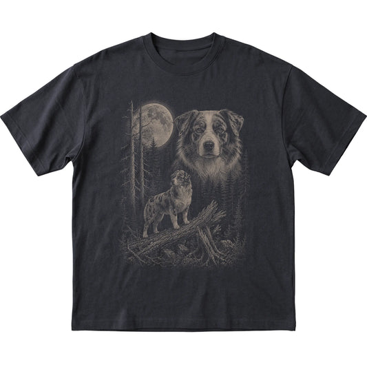 Australian Shepherd Moonlit Forest graphic on a black Softstyle T-shirt laid flat