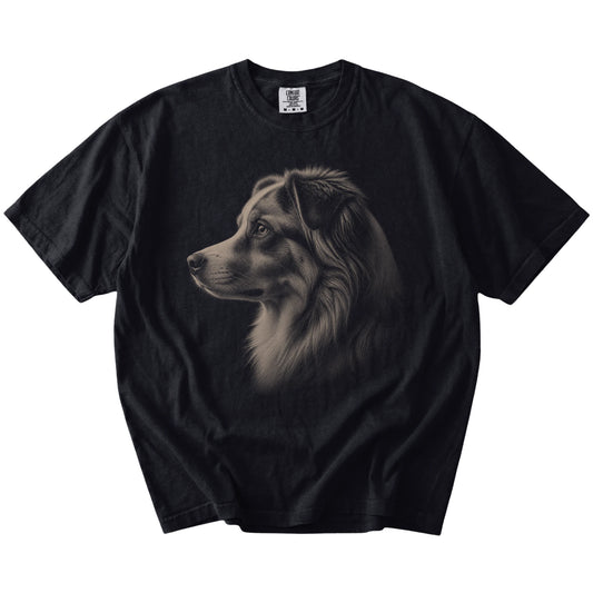 A detailed photographic portrait of a Australian Shepherd on a Black Comfort Colors® T-shirt