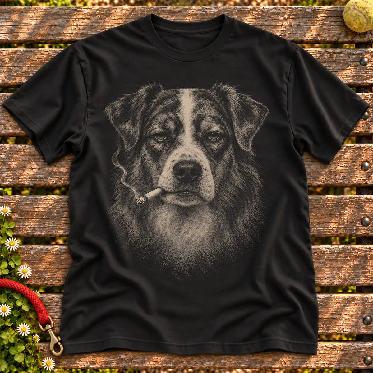 Australian Shepherd smoking design on a Black t-shirt