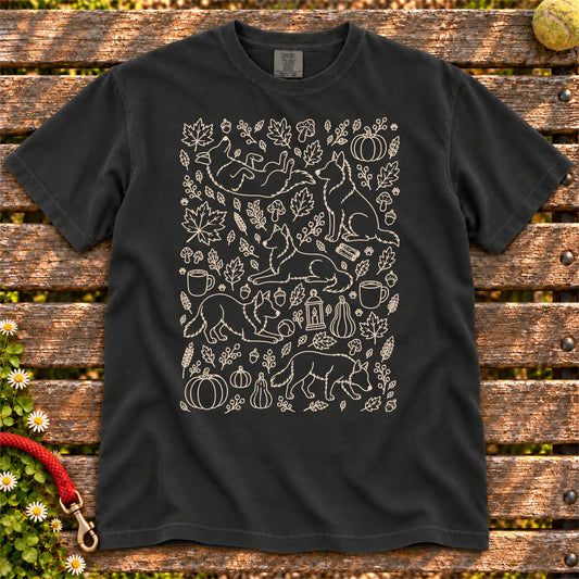 Autumn Border Collie design on a Black Comfort Colors T-shirt, shown flat