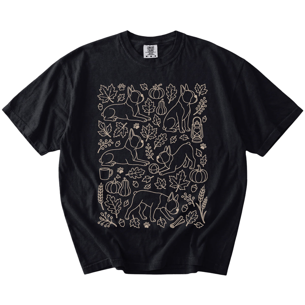 Boston Terrier dogs with pumpkins, leaves, acorns, and woodland details on a Black Comfort Colors® T-shirt