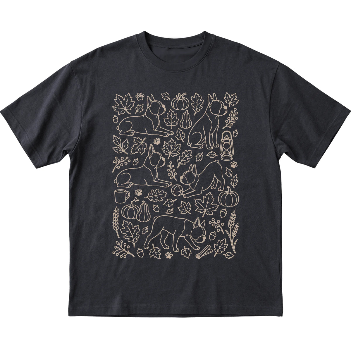 Black Boston Terrier Fall Leaves shirt laid flat