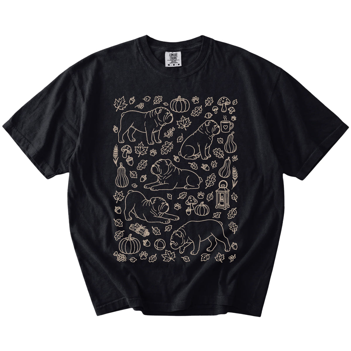 Bulldog dogs with pumpkins, leaves, acorns, and woodland details on a Black Comfort Colors® T-shirt