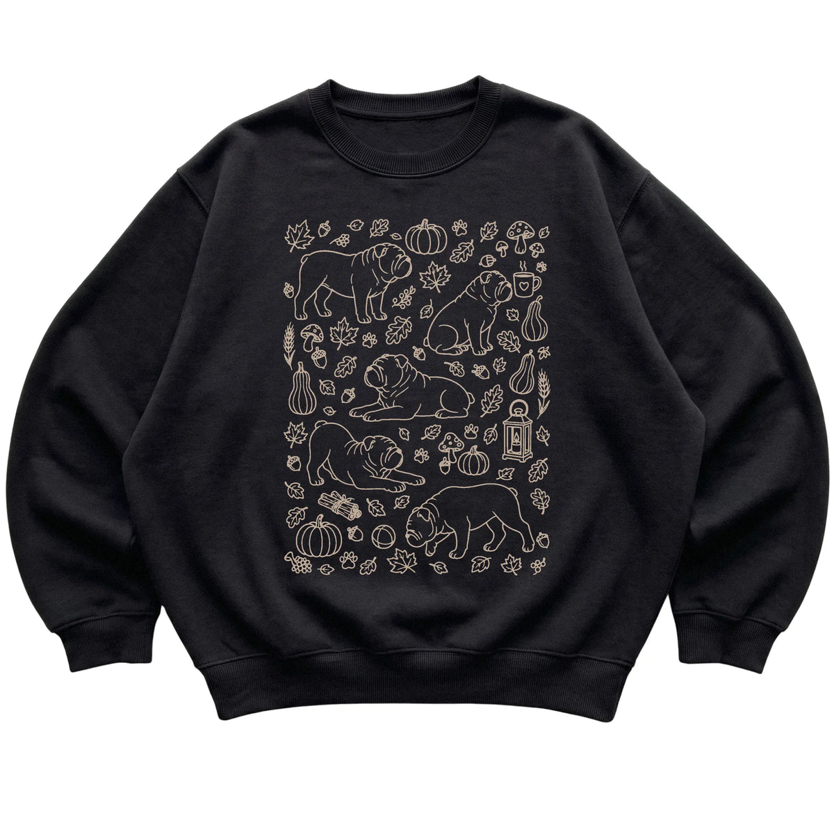 Black Bulldog Fall Leaves shirt laid flat