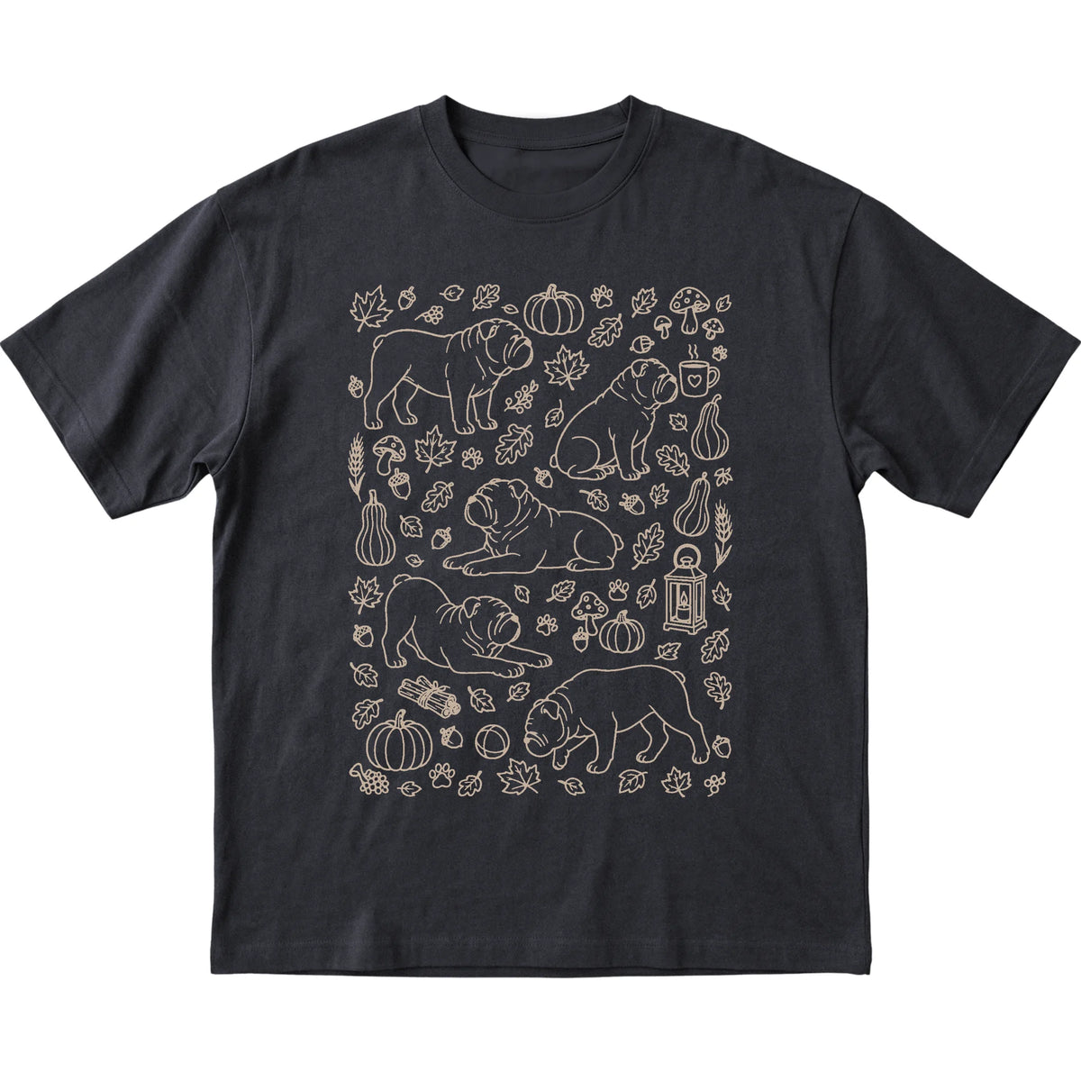 Black Bulldog Fall Leaves shirt laid flat