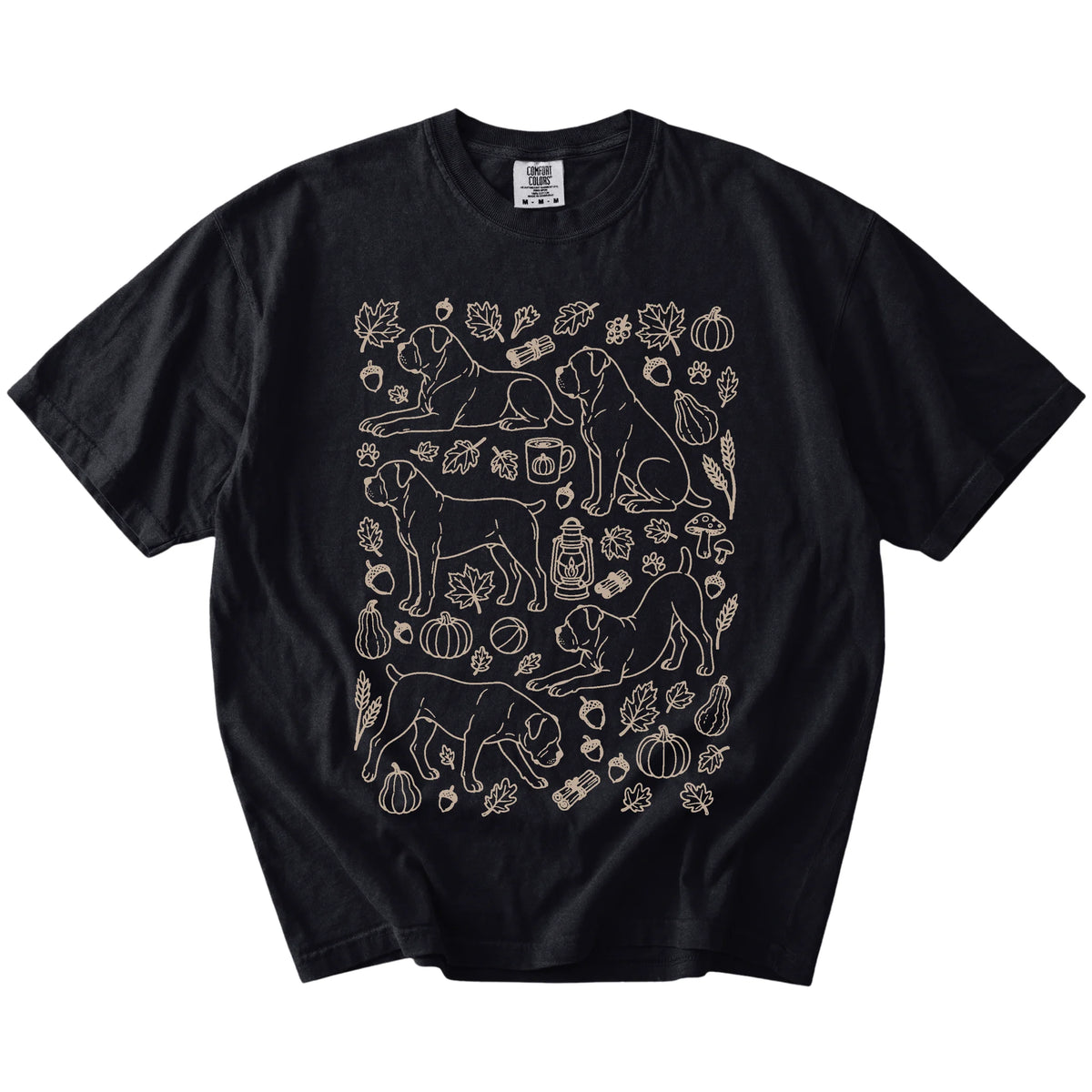 Cane Corso dogs with pumpkins, leaves, acorns, and woodland details on a Black Comfort Colors® T-shirt
