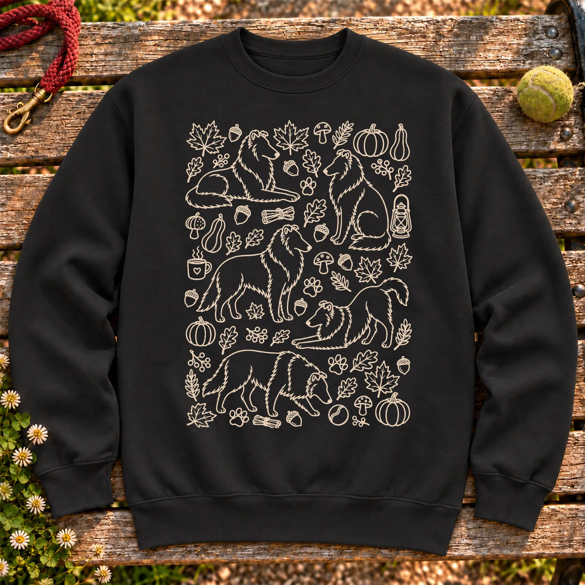 Collie Autumn on a Black crewneck sweatshirt, shown flat