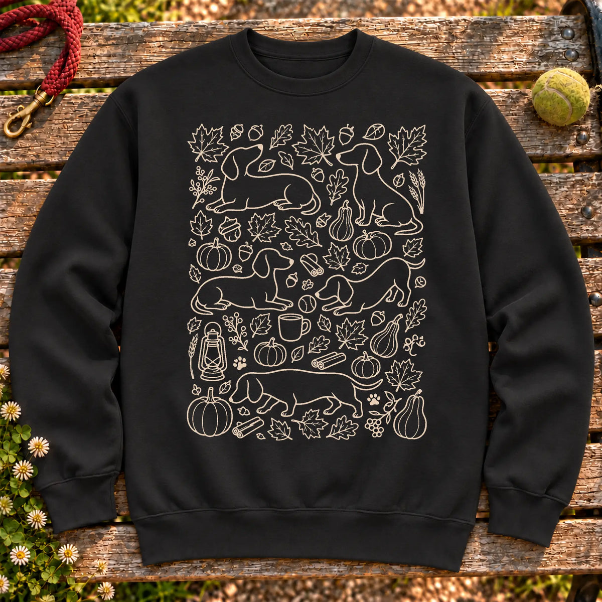 Dachshund Autumn on a Black crewneck sweatshirt, shown flat
