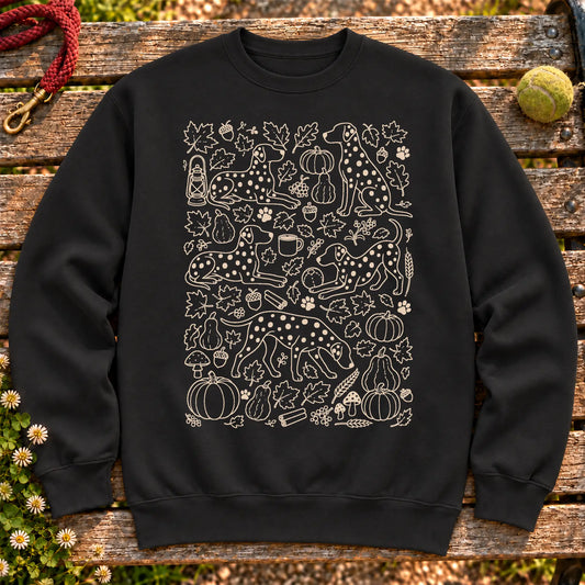 Dalmatian Autumn on a Black crewneck sweatshirt, shown flat