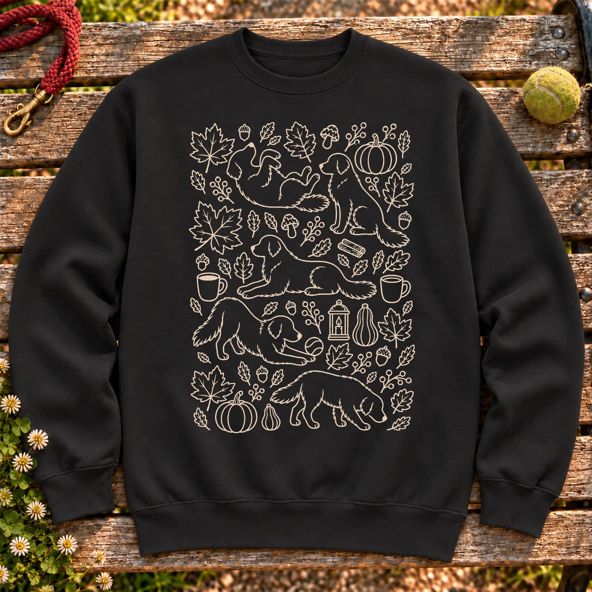 Golden Retriever Autumn on a Black crewneck sweatshirt, shown flat