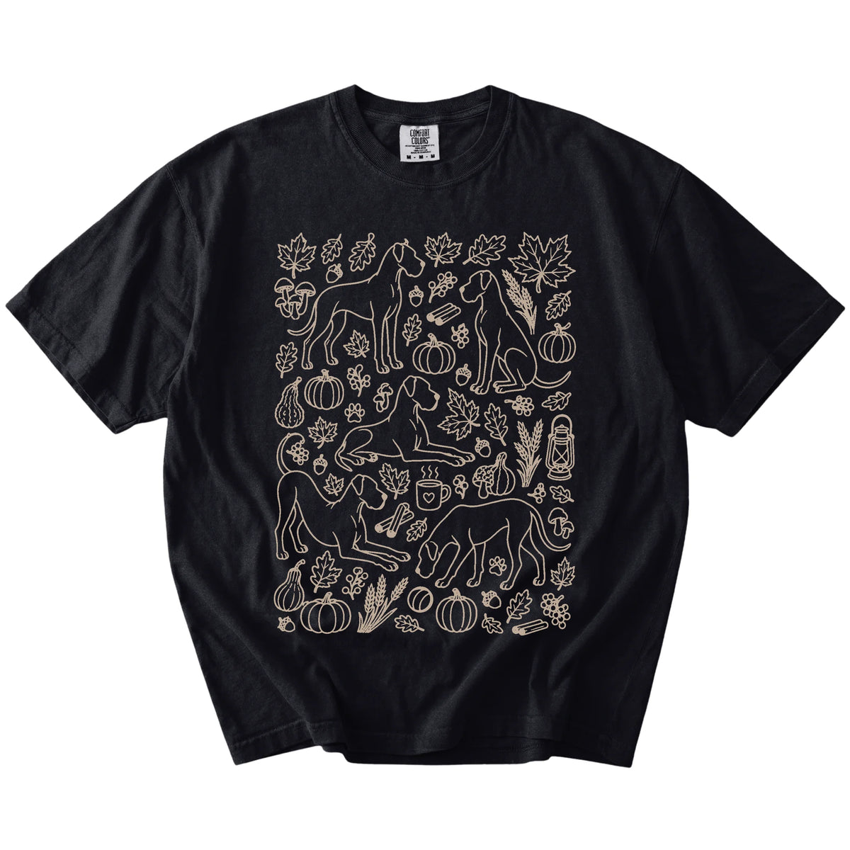 Great Dane dogs with pumpkins, leaves, acorns, and woodland details on a Black Comfort Colors® T-shirt