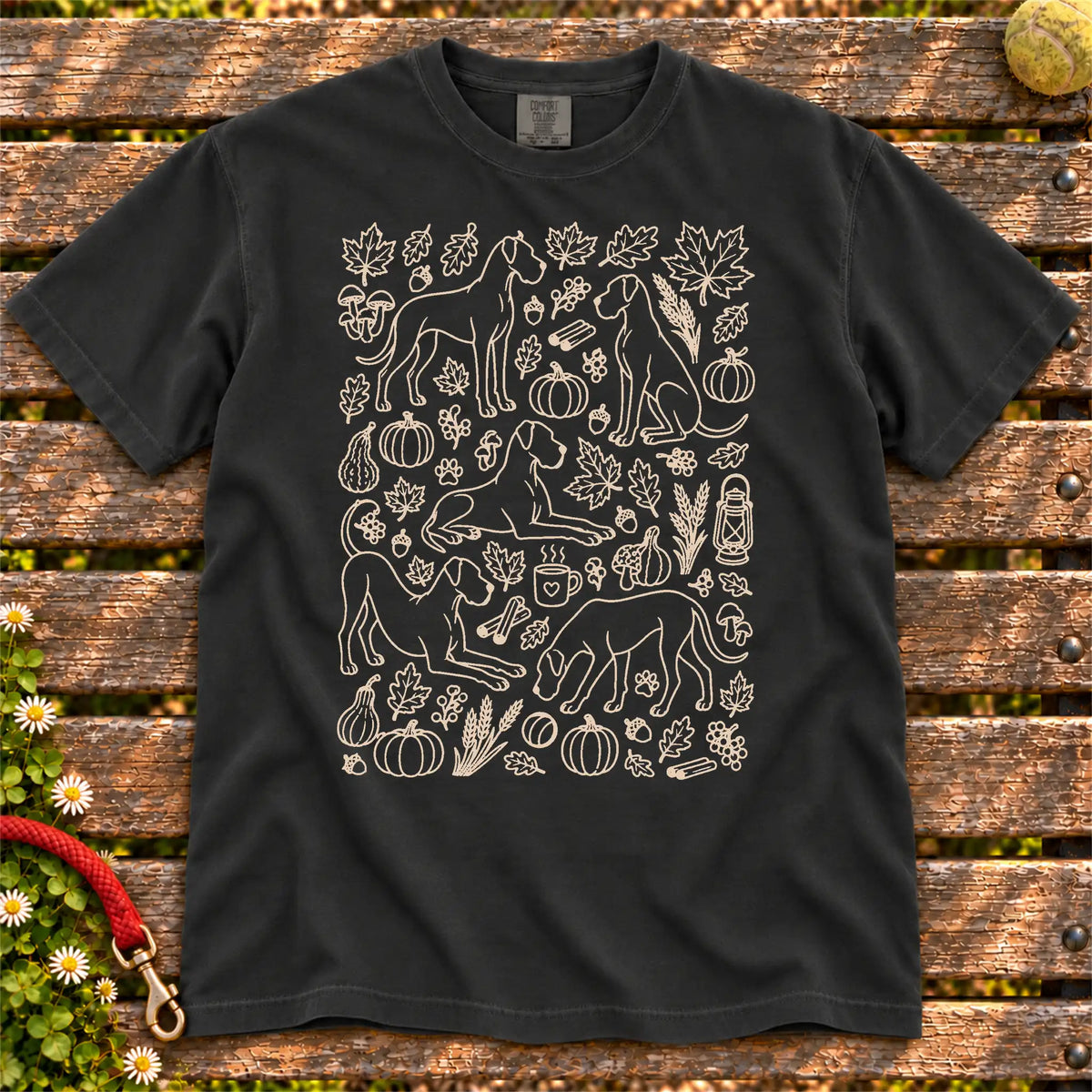 Autumn Great Dane design on a Black Comfort Colors T-shirt, shown flat