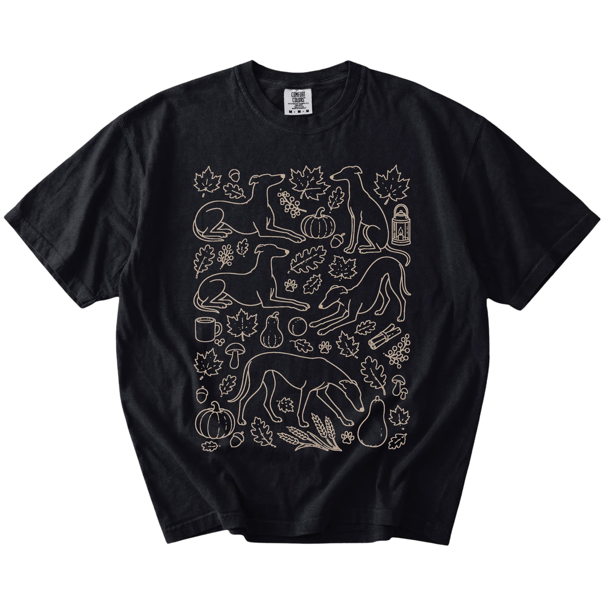 Greyhound dogs with pumpkins, leaves, acorns, and woodland details on a Black Comfort Colors® T-shirt