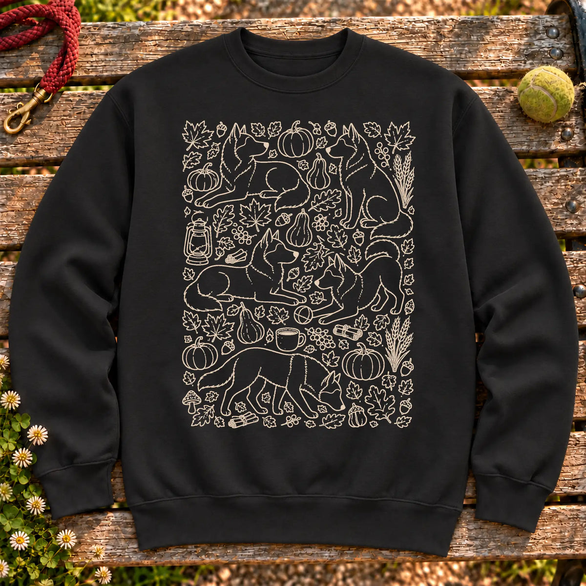 Husky Autumn on a Black crewneck sweatshirt, shown flat