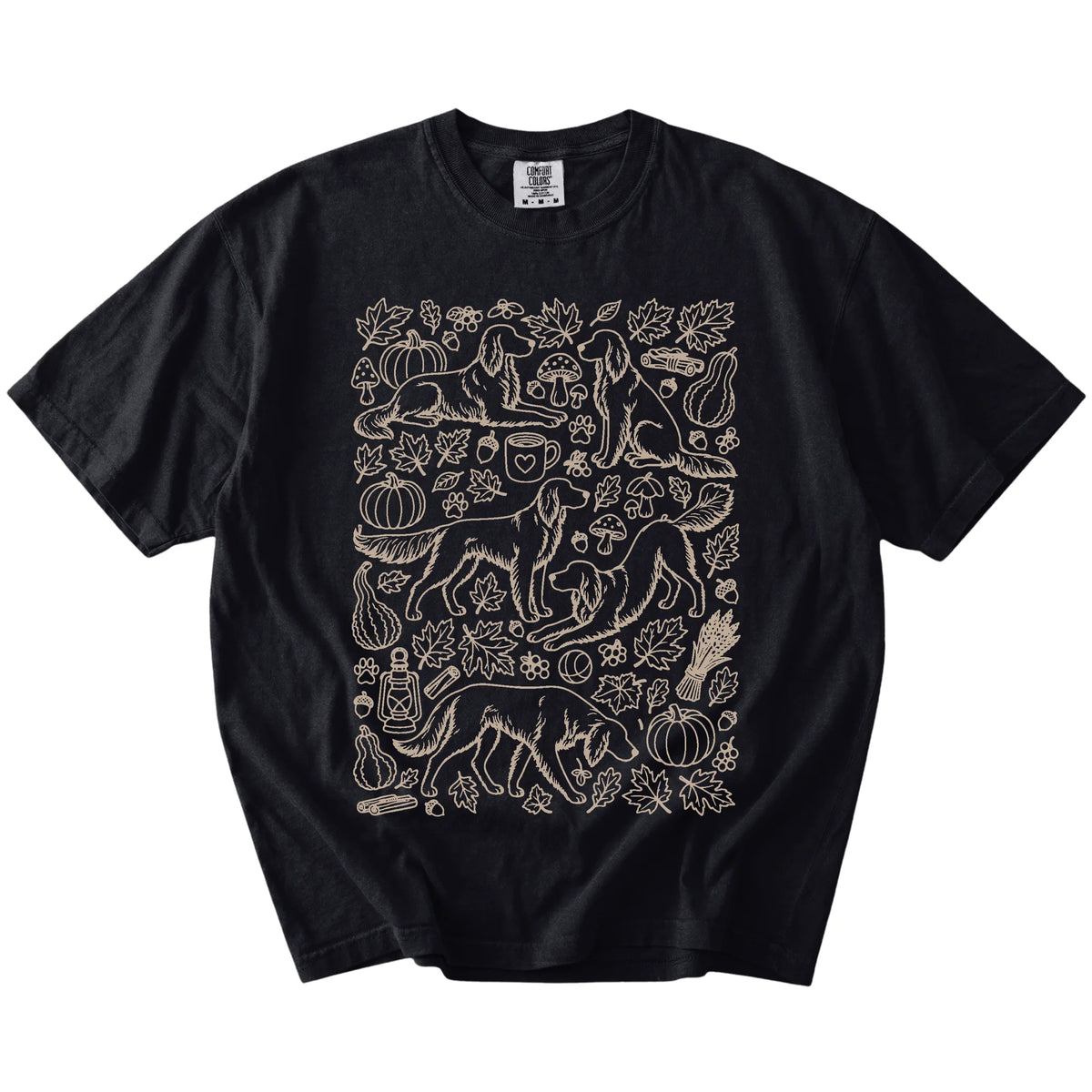 Irish Setter dogs with pumpkins, leaves, acorns, and woodland details on a Black Comfort Colors® T-shirt