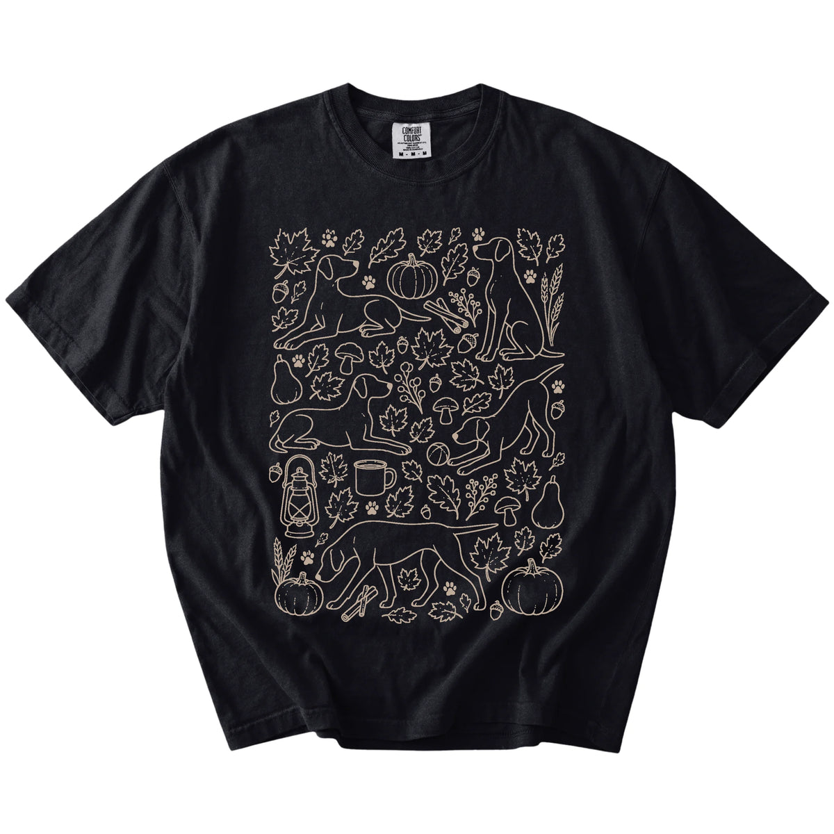Pointer dogs with pumpkins, leaves, acorns, and woodland details on a Black Comfort Colors® T-shirt