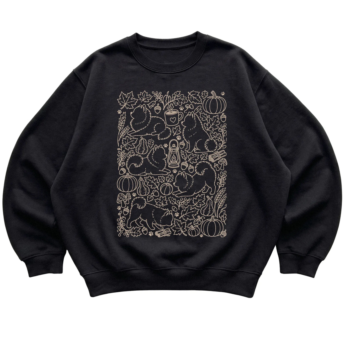 Black Pomeranian Fall Leaves shirt laid flat