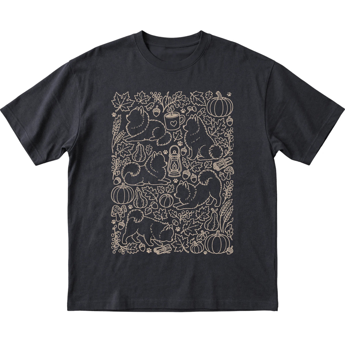 Black Pomeranian Fall Leaves shirt laid flat