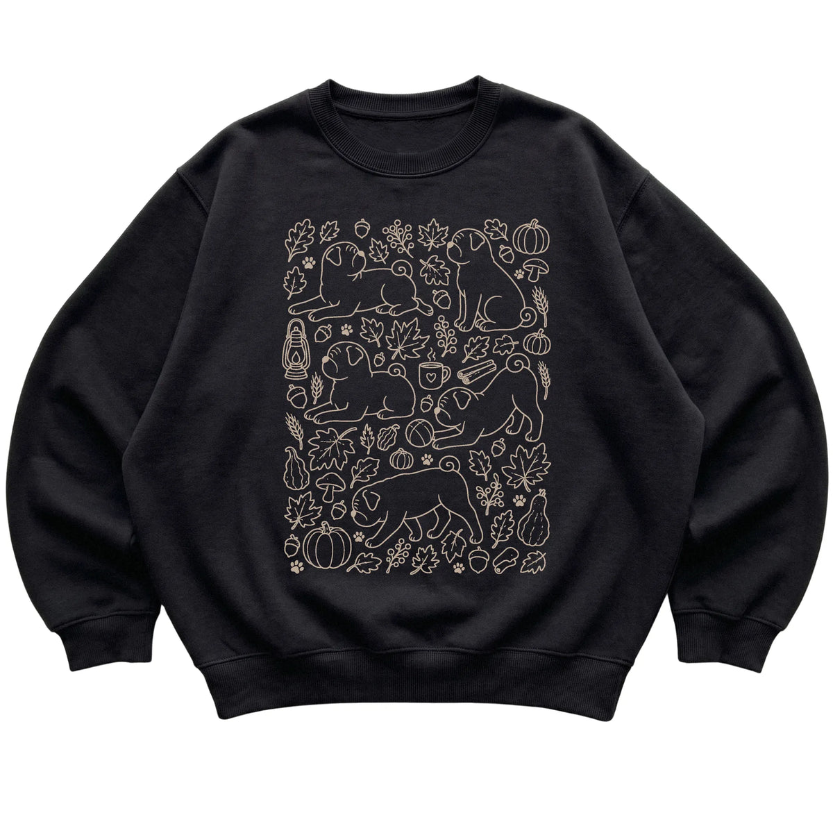Black Pug Fall Leaves shirt laid flat