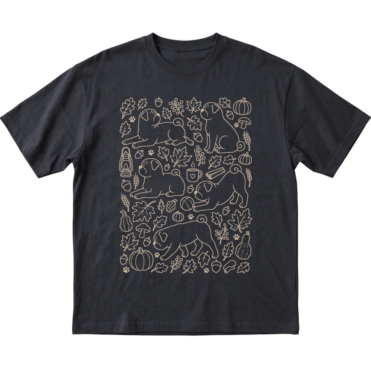 Black Pug Fall Leaves shirt laid flat