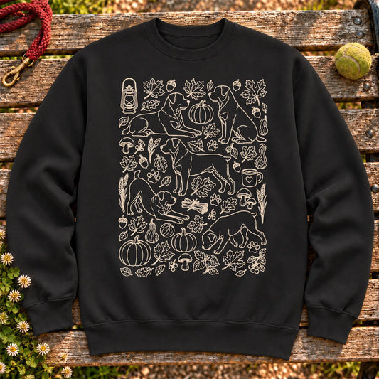 Rottweiler Autumn on a Black crewneck sweatshirt, shown flat