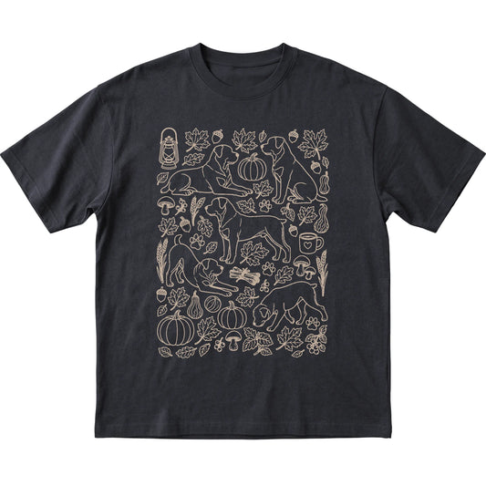 Black Rottweiler Fall Leaves shirt laid flat