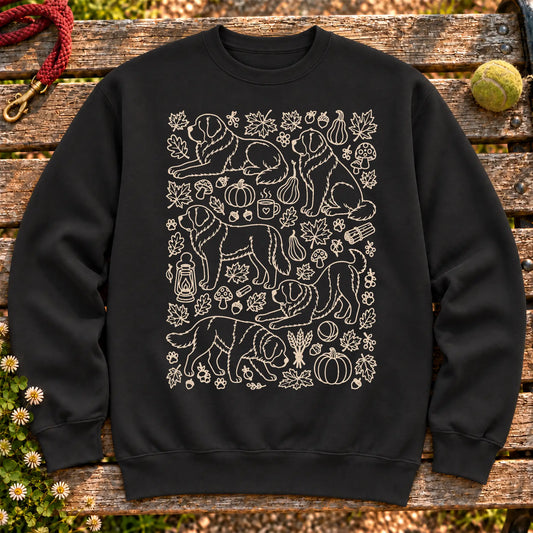 Saint Bernard Autumn on a Black crewneck sweatshirt, shown flat