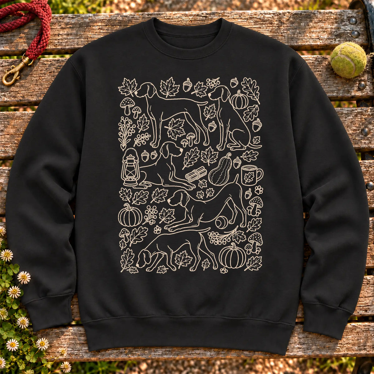 Weimaraner Autumn on a Black crewneck sweatshirt, shown flat