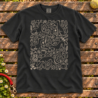 Autumn Whippet design on a Black Comfort Colors T-shirt, shown flat