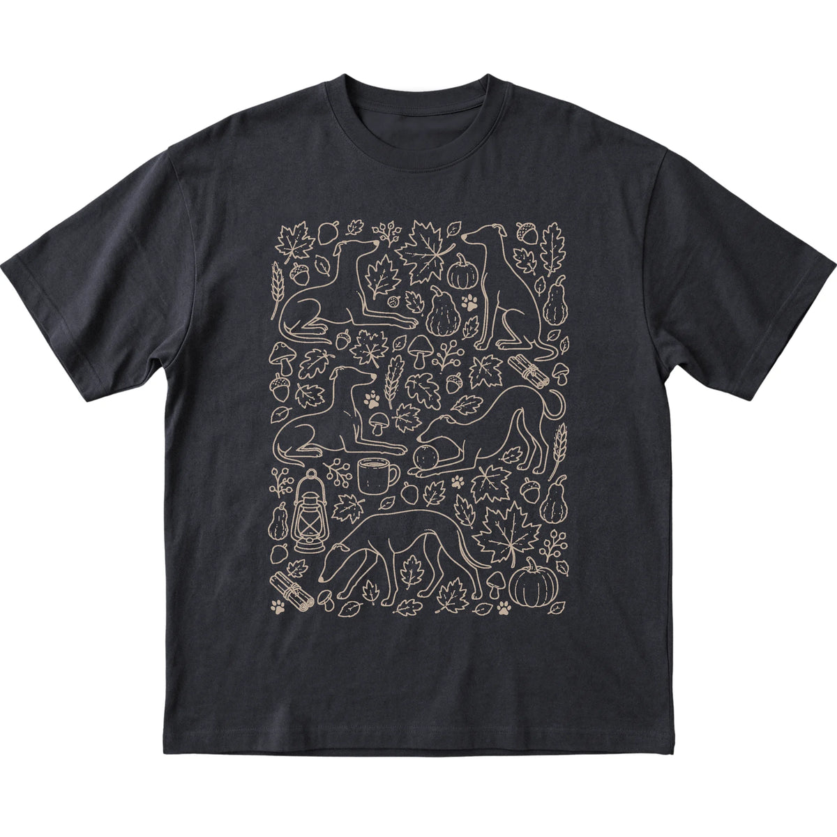 Black Whippet Fall Leaves shirt laid flat
