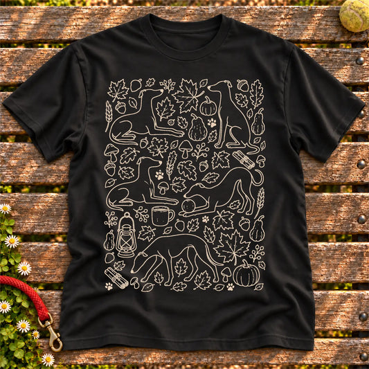 Whippet Autumn on a Black T-shirt, shown flat