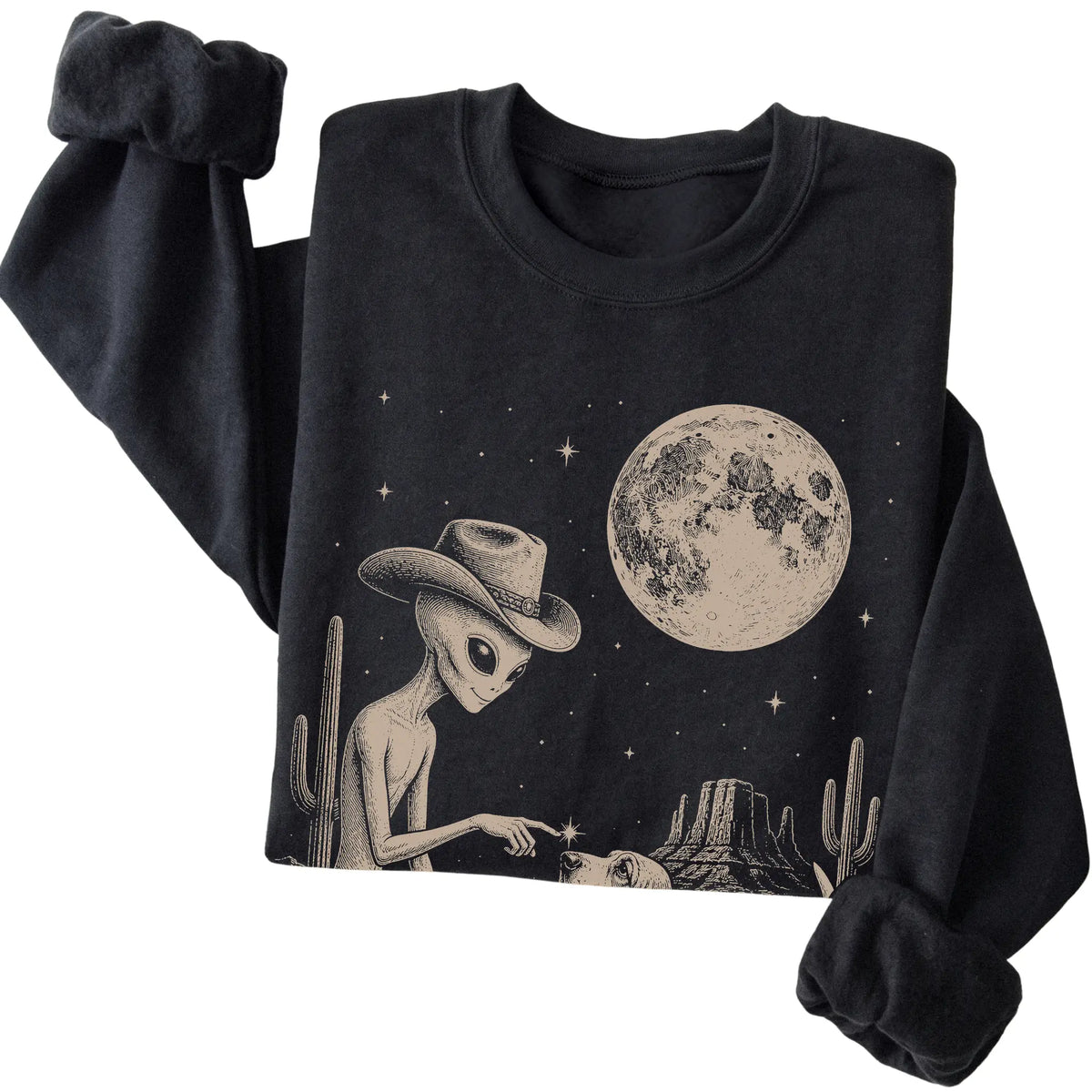 Black crewneck sweatshirt featuring Basset Hound Cowboy and Alien, folded presentation