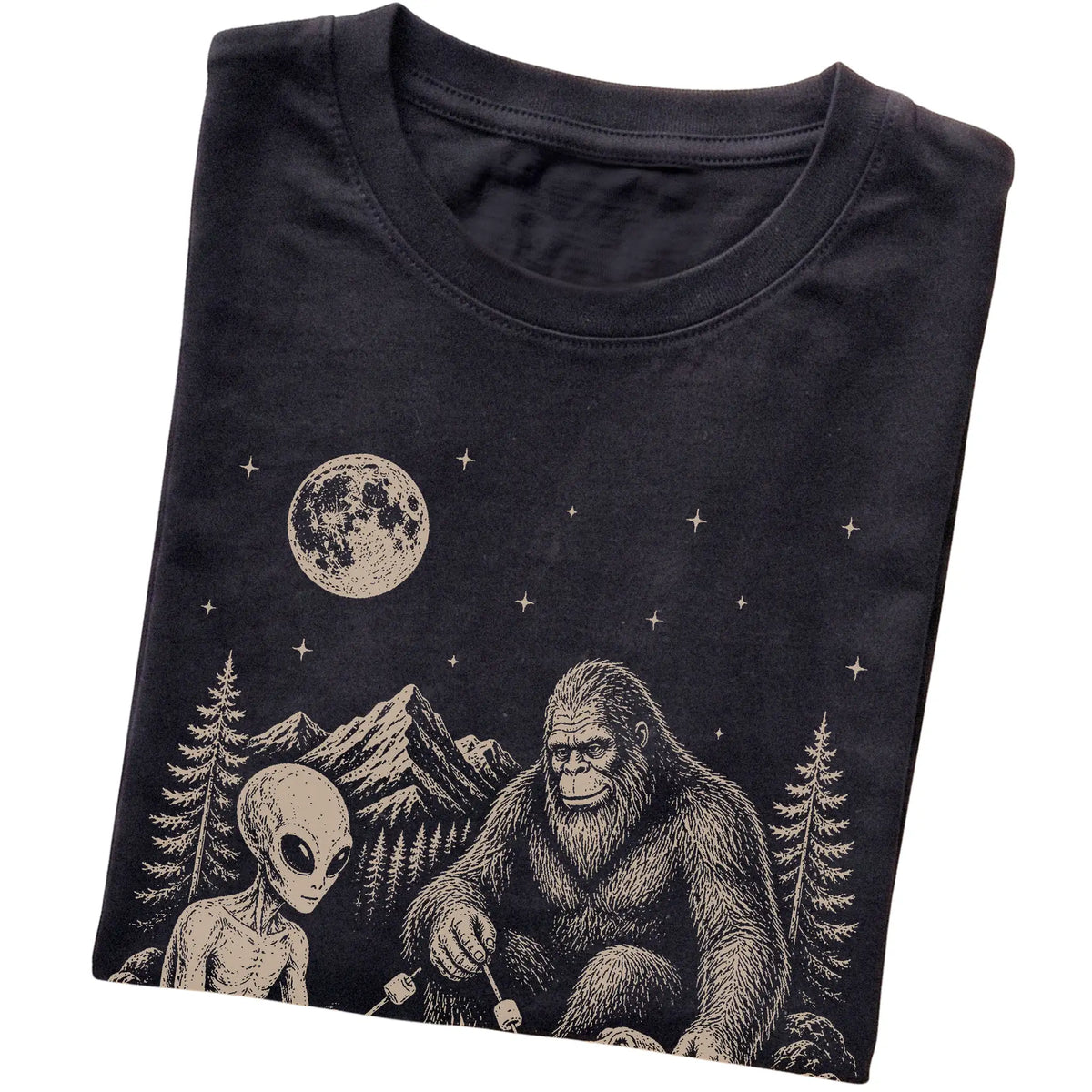 Black Basset Hound Camping with Bigfoot and Alien folded detail view