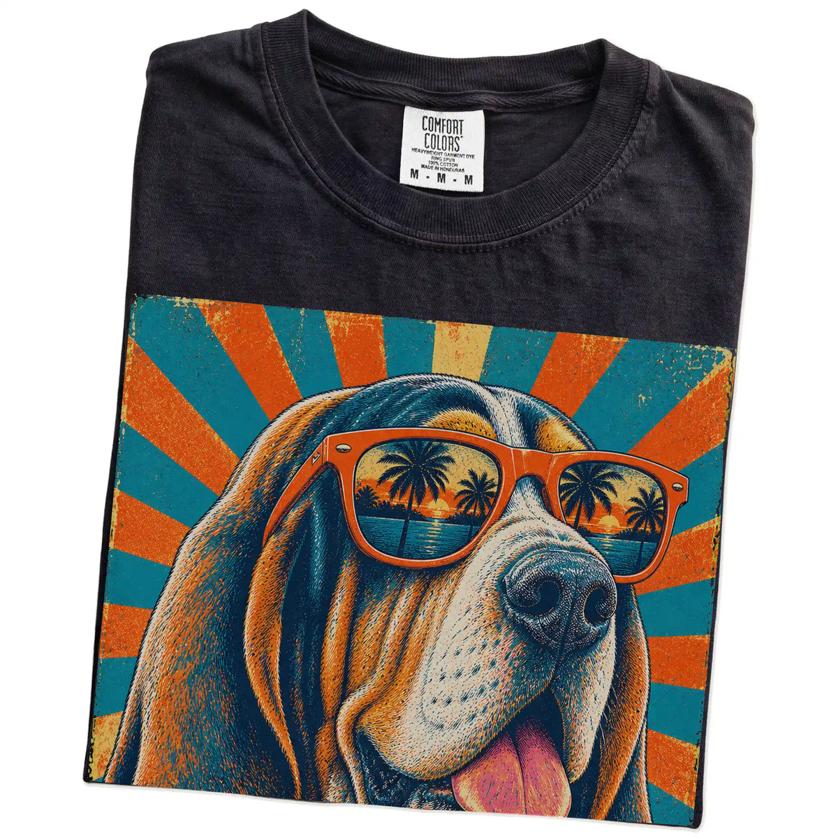Retro Basset Hound Dad design on a Black Comfort Colors T-shirt folded detail