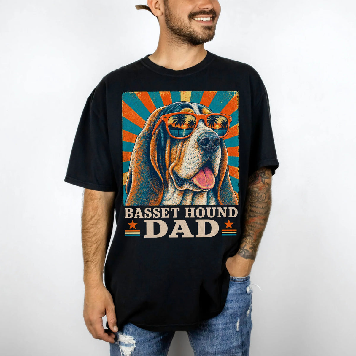 Retro Basset Hound Dad design on a Black Comfort Colors T-shirt worn by a model