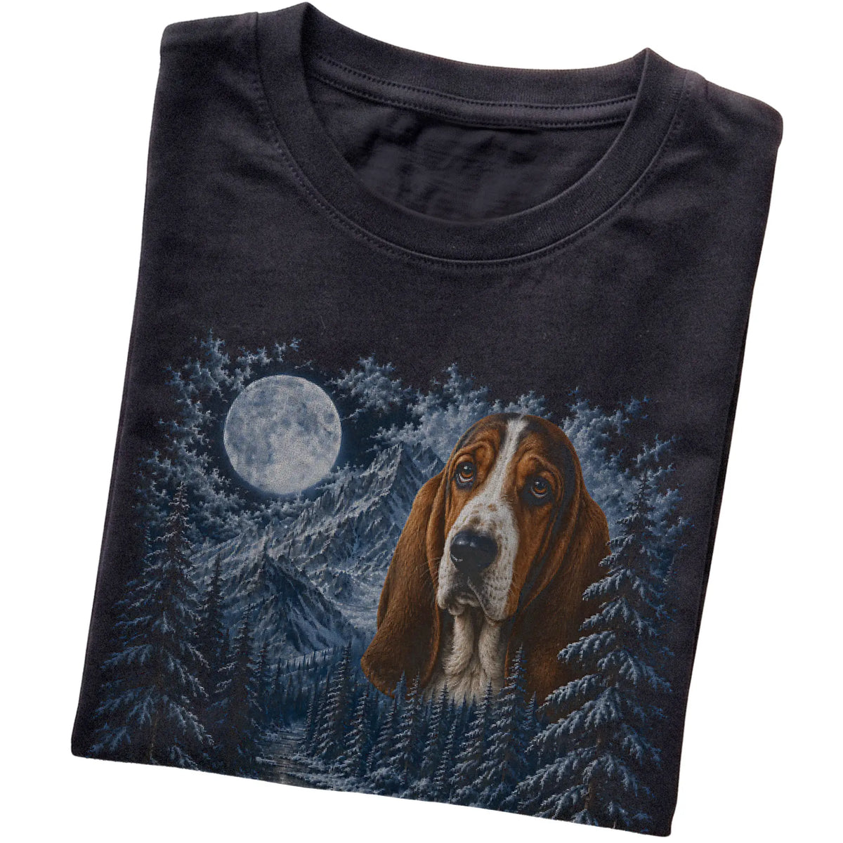 Basset Hound Forest Moon T-Shirt in Black