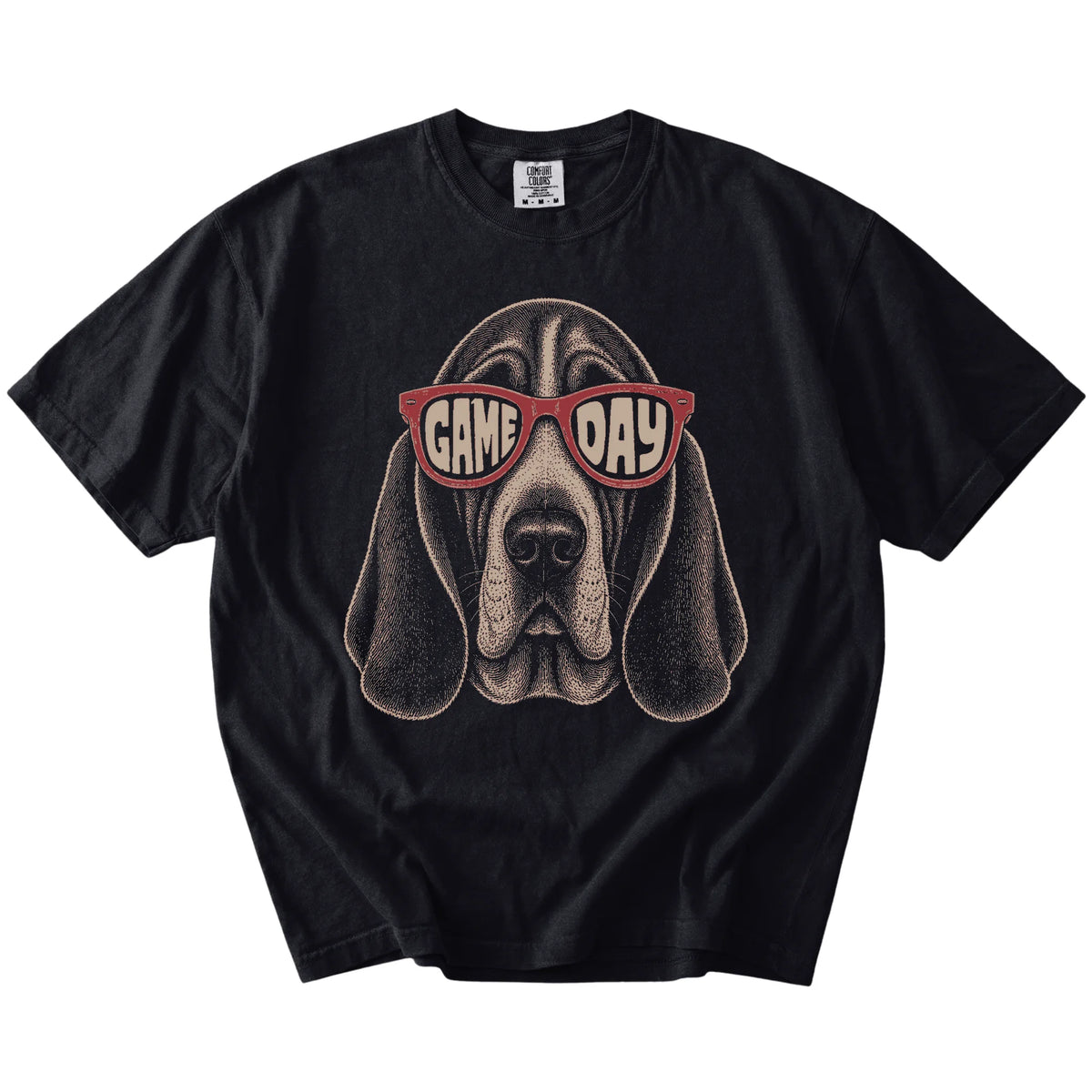 Basset Hound wearing red Game Day sunglasses on a Black Comfort Colors® T-shirt