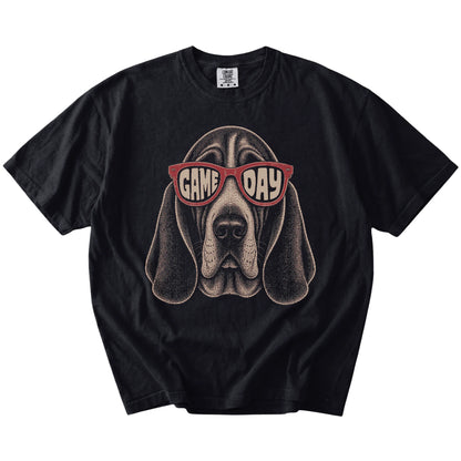 Basset Hound wearing red Game Day sunglasses on a Black Comfort Colors® T-shirt