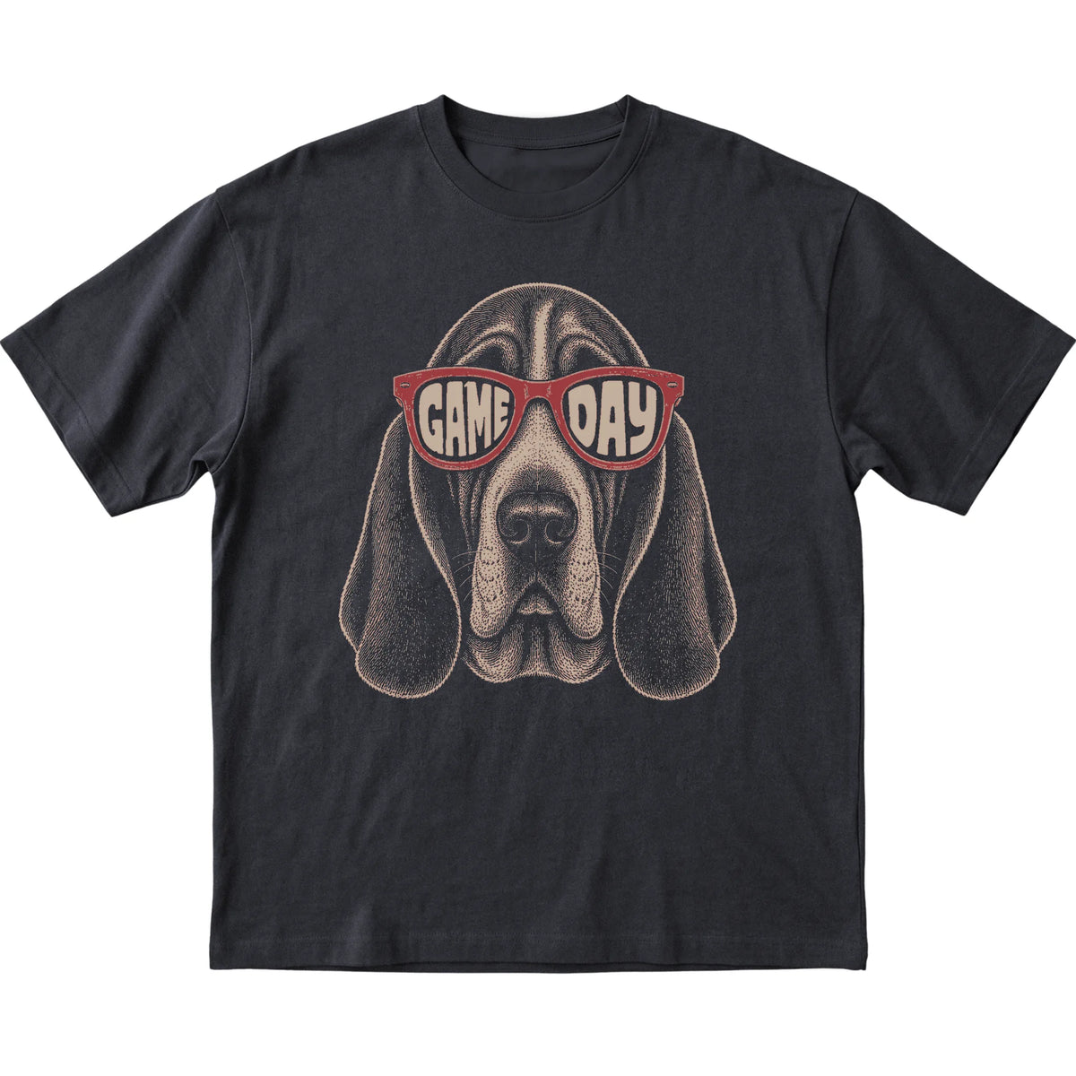 Black Basset Hound Game Day Sunglasses T-shirt, laid flat