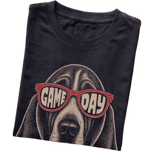 Black Basset Hound Game Day Sunglasses T-shirt, folded