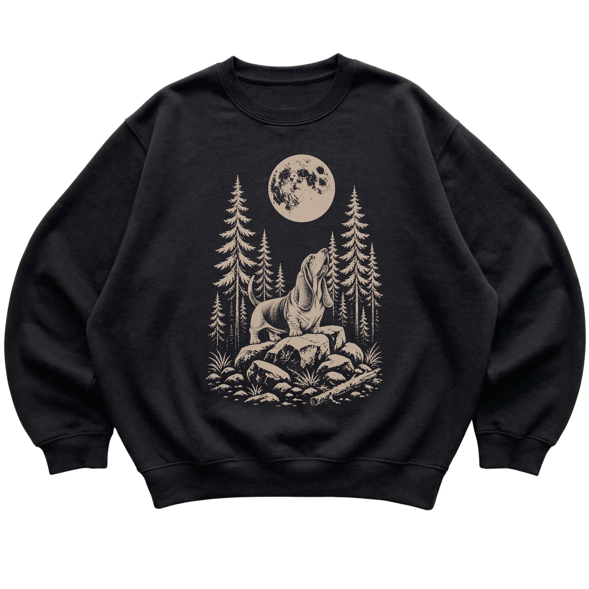 Basset Hound Howling at the Moon crewneck sweatshirt in Black