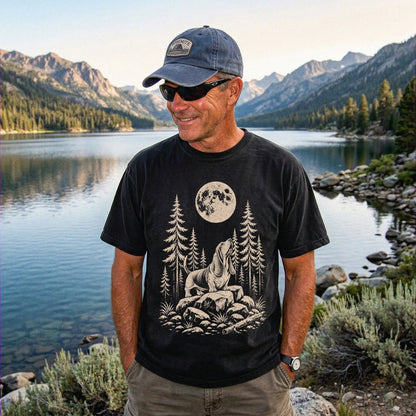 Model wearing a Black Comfort Colors® T-shirt with a Basset Hound howling beneath the moon and pine trees
