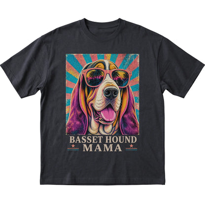 Retro Basset Hound Mama design on a Black softstyle T-shirt