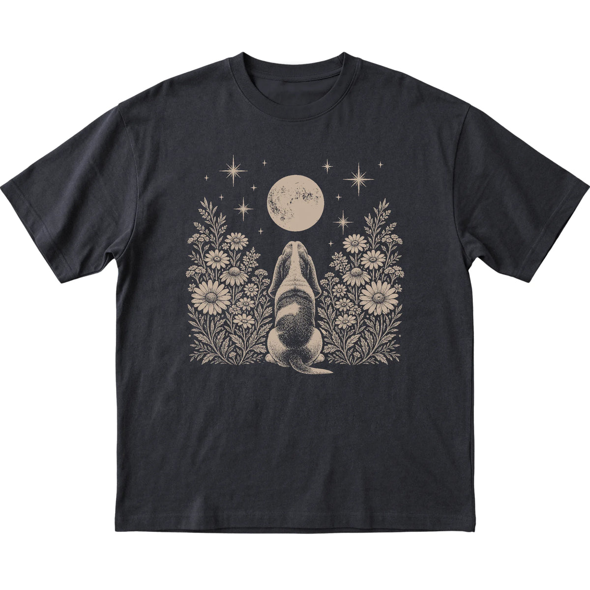 Black T-shirt featuring Wildflower Moon Basset Hound, laid-flat presentation