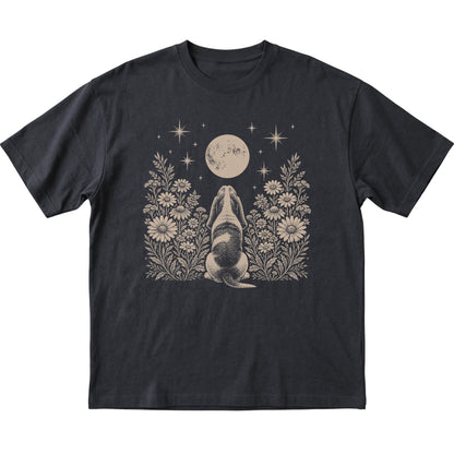 Black T-shirt featuring Wildflower Moon Basset Hound, laid-flat presentation