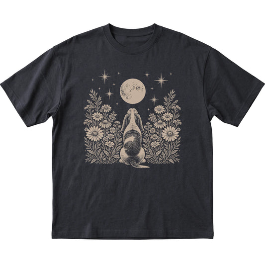 Black T-shirt featuring Wildflower Moon Basset Hound, laid-flat presentation