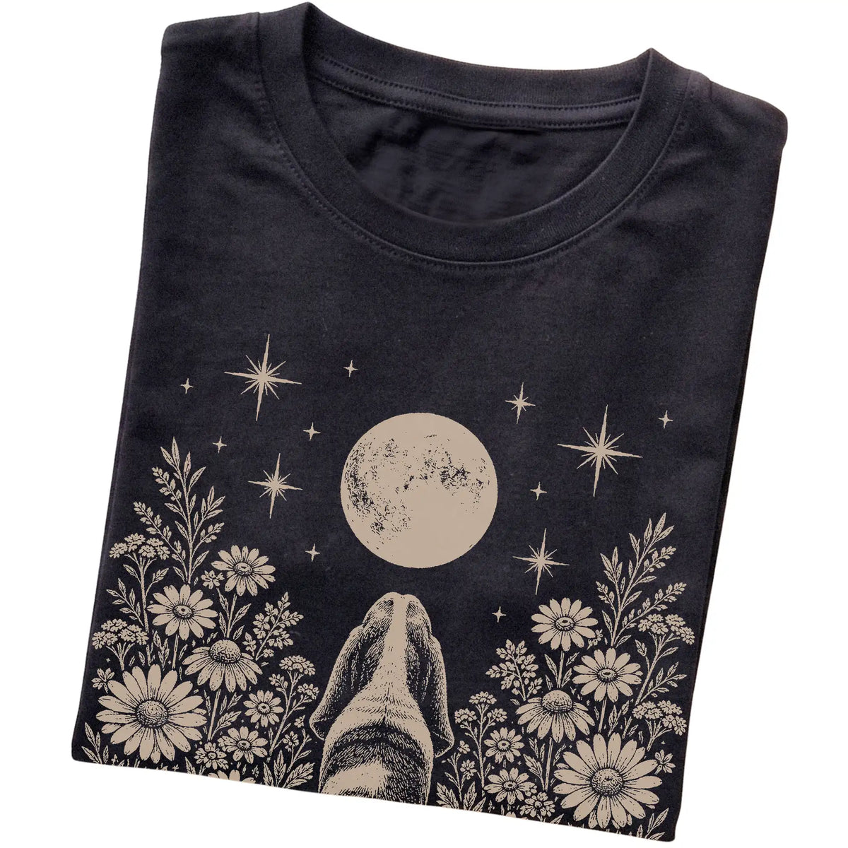 Black T-shirt featuring Wildflower Moon Basset Hound, folded presentation