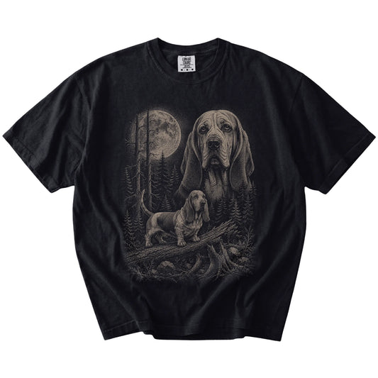 Black Basset Hound Moonlit Forest T-Shirt laid flat